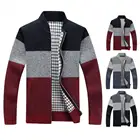 Мужской трикотажный свитер, пальто в стиле пэчворк контрастных цветов, Повседневная осенняя куртка с воротником-стойкой, кардиган на молнии, Мужской Повседневный Кардиган