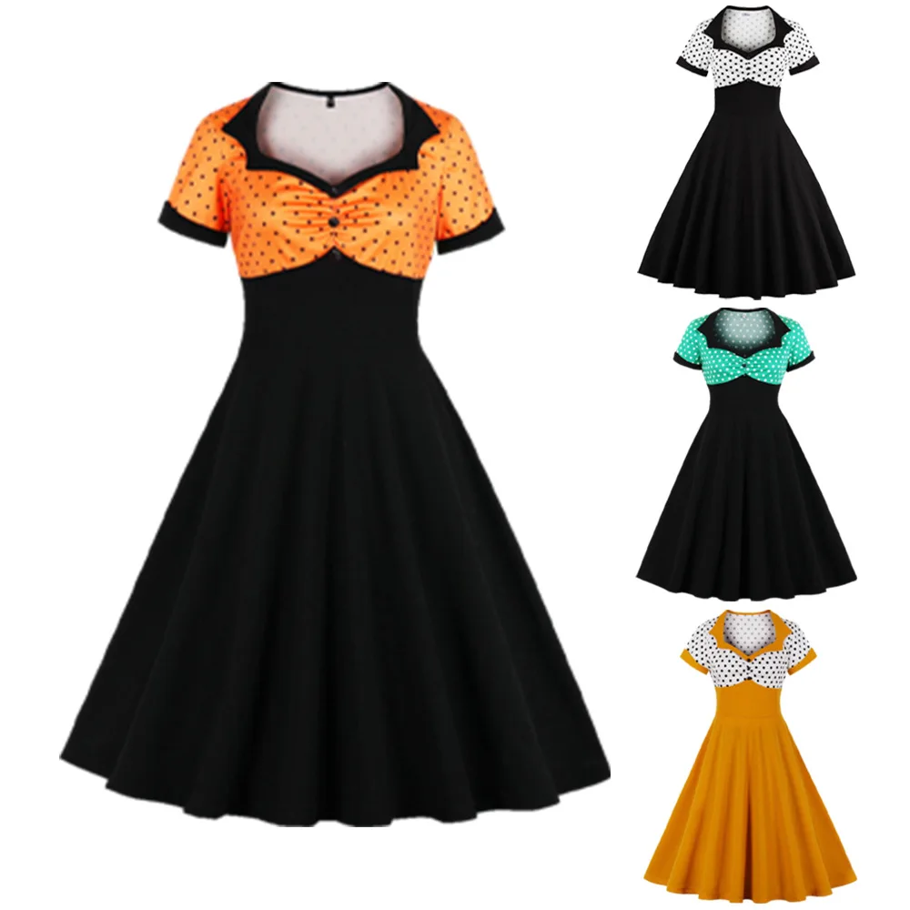 Vintage Women Midi Dress Polka Dot Square Collar High Waist Print Robe Rockabily Swing Party Vestidos