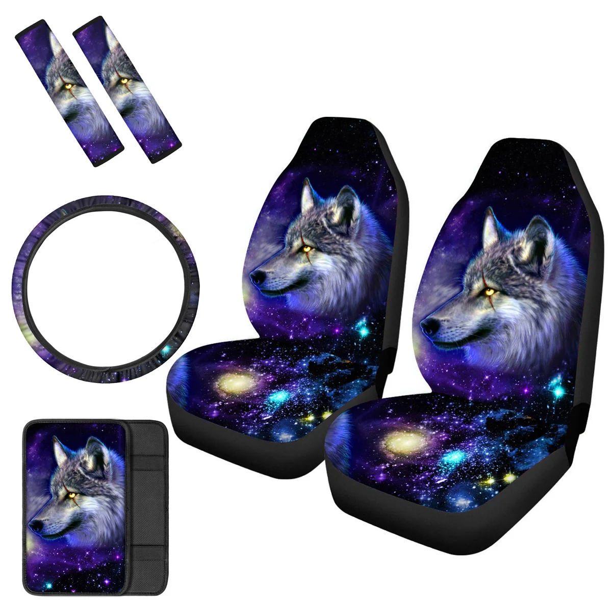 

Универсальный чехол на автомобильное сиденье PinUp Angel Galaxy Wolf, чехол на руль, моющиеся подкладки на центральную консоль, ремень безопасности