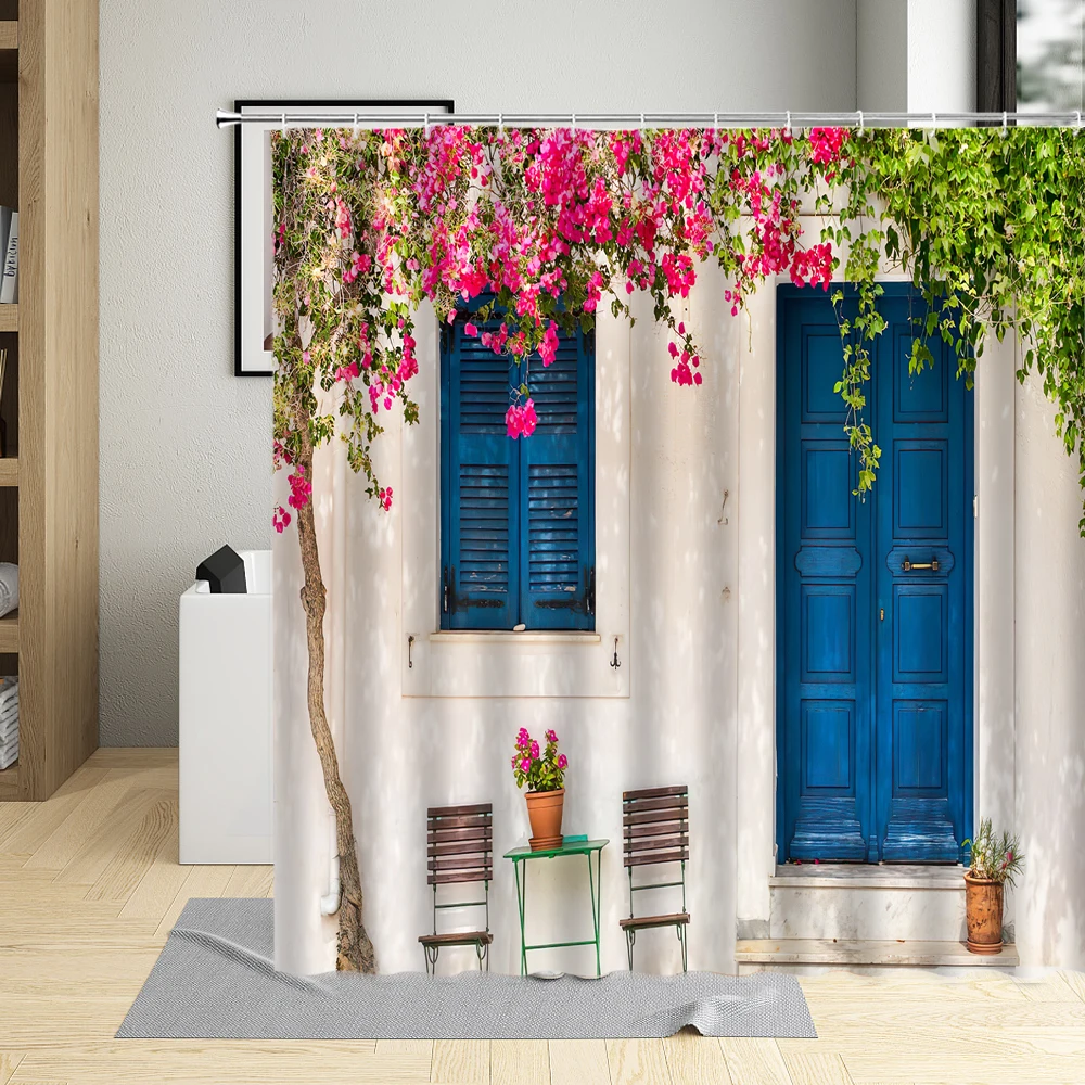 greek city street scenery shower curtain flower window blue wooden door floral plant landscape bathroom curtains set polyester free global shipping