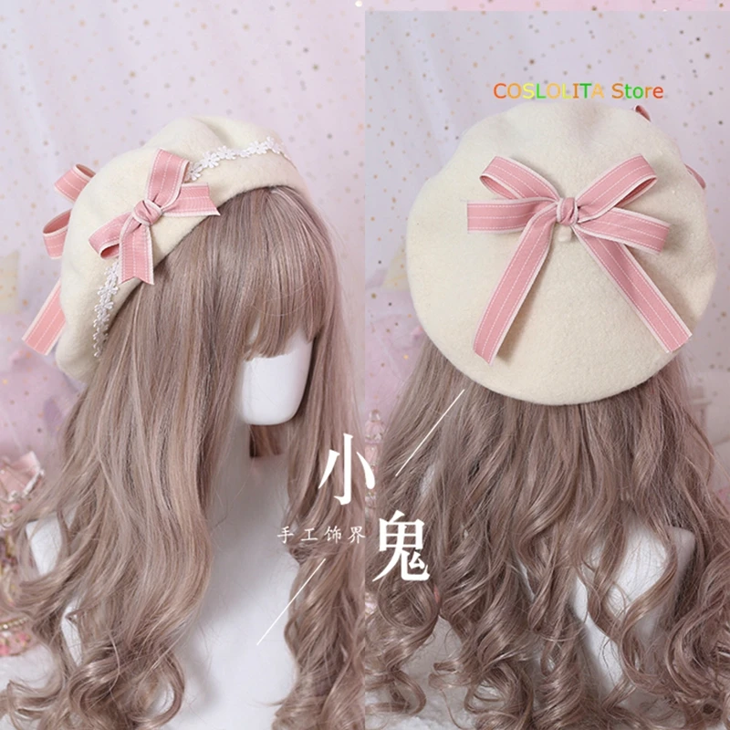 

Japanese Autumn Winter Original Handwork Lolita Berets Young Girl Sweet Plaid Bowknot Daisy Little Flowers Student Wild Girls