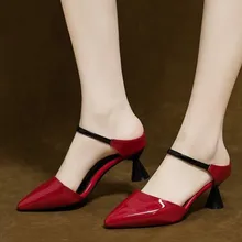 Feminino bonito couro do plutônio preto conforto primavera sapatos de salto alto senhora casual vermelho fivela cinta saltos zapatos de mujer (2)
