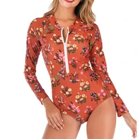 vintage swimwear womens floral long sleeves one pice swimsuit zipper front quick dry padded bathing suit beachwear s m l xl xxl