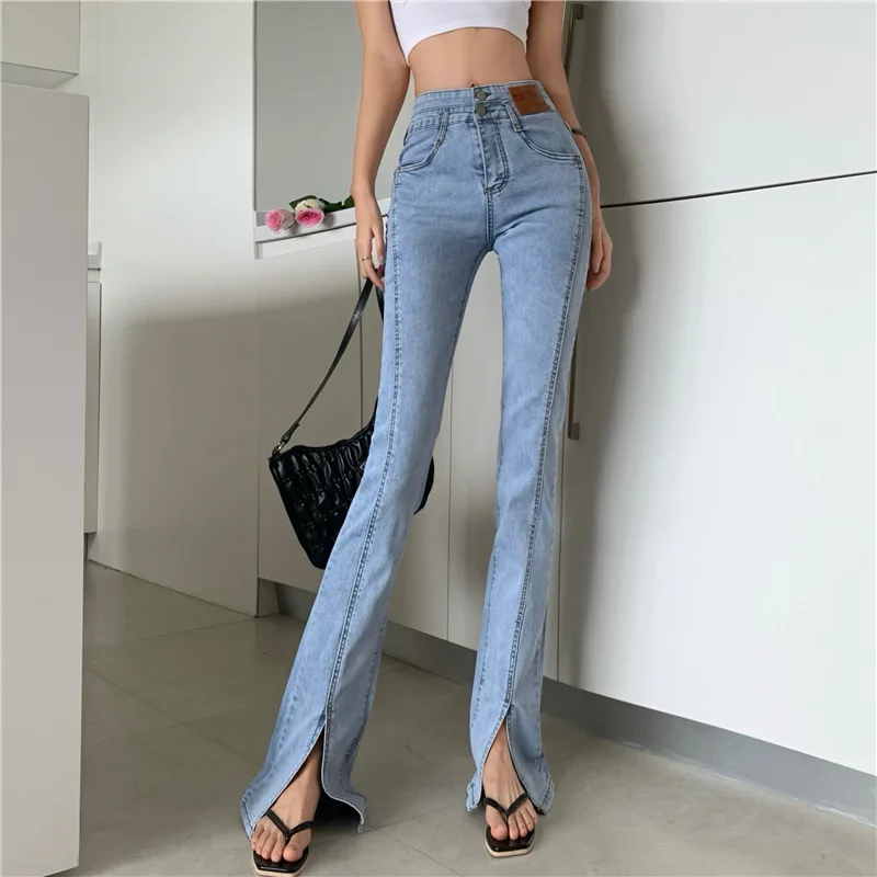 

Женские джинсы с завышенной талией, широкие брюки с двойной пряжкой в Корейском стиле на осень 2021