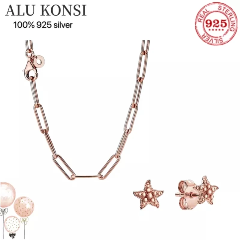 

Authentic100% 925 Sterling Silver Rose Gold Me Link Snake Chain Necklace Fit Pan Charm star earring For women DIY Jewelry