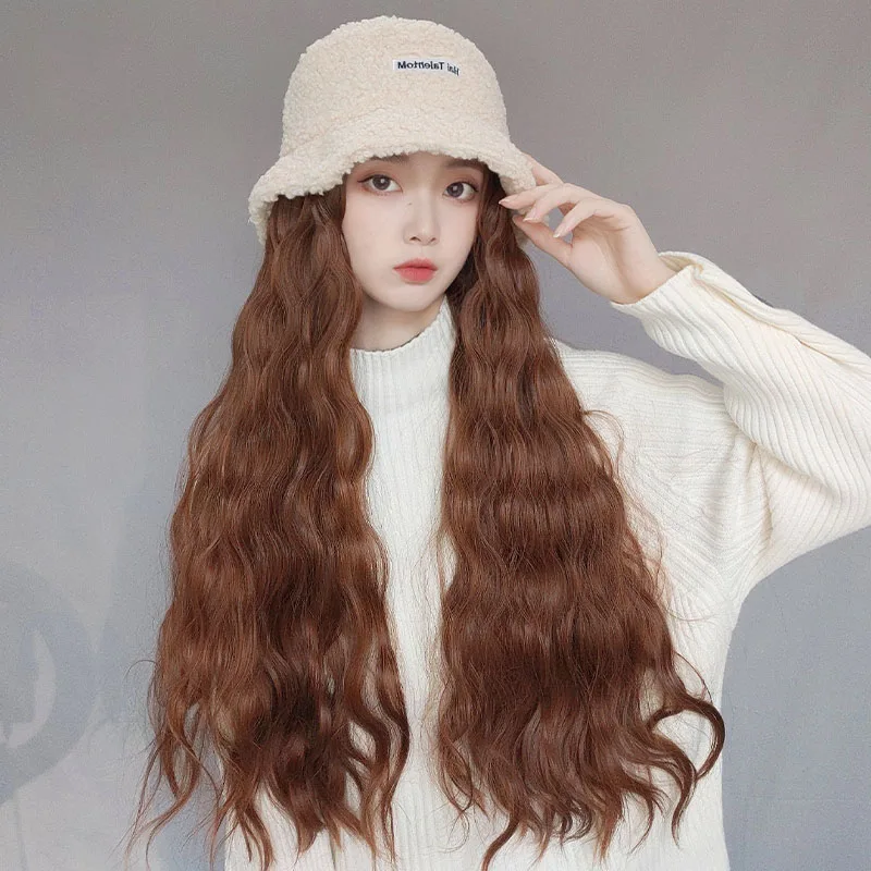 

Velvet Bucket Hat Wig for Women Synthetic Long Wavy Curly Winter Wide-brimmed Bucket Hat Wig All-in-one Wig with Hat