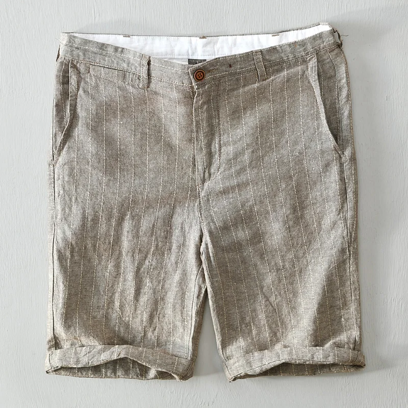 

Pure Linen Striped Beach Shorts for Men Classical Knee Length Short Pants Fashion Plus Size Vintage Shorts 2021 Summer New