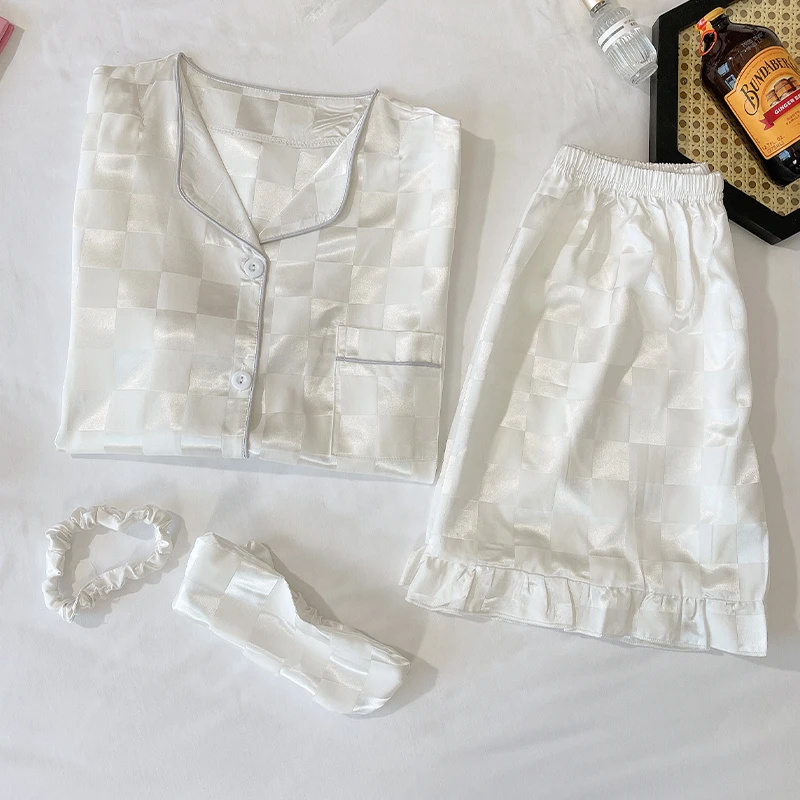 

Women Sexy Silk Satin Pajama Sets Summer Short Sleeve Sleepwear Soild Pyjamas Plaid Print Nightwear Pj Femme Sleepwear 4pieces