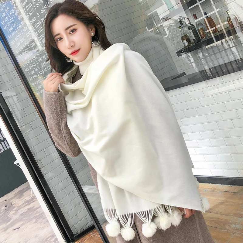 Теплые зимние шерстяные кашемировые шарфы с помпонами розовый толстый шарф