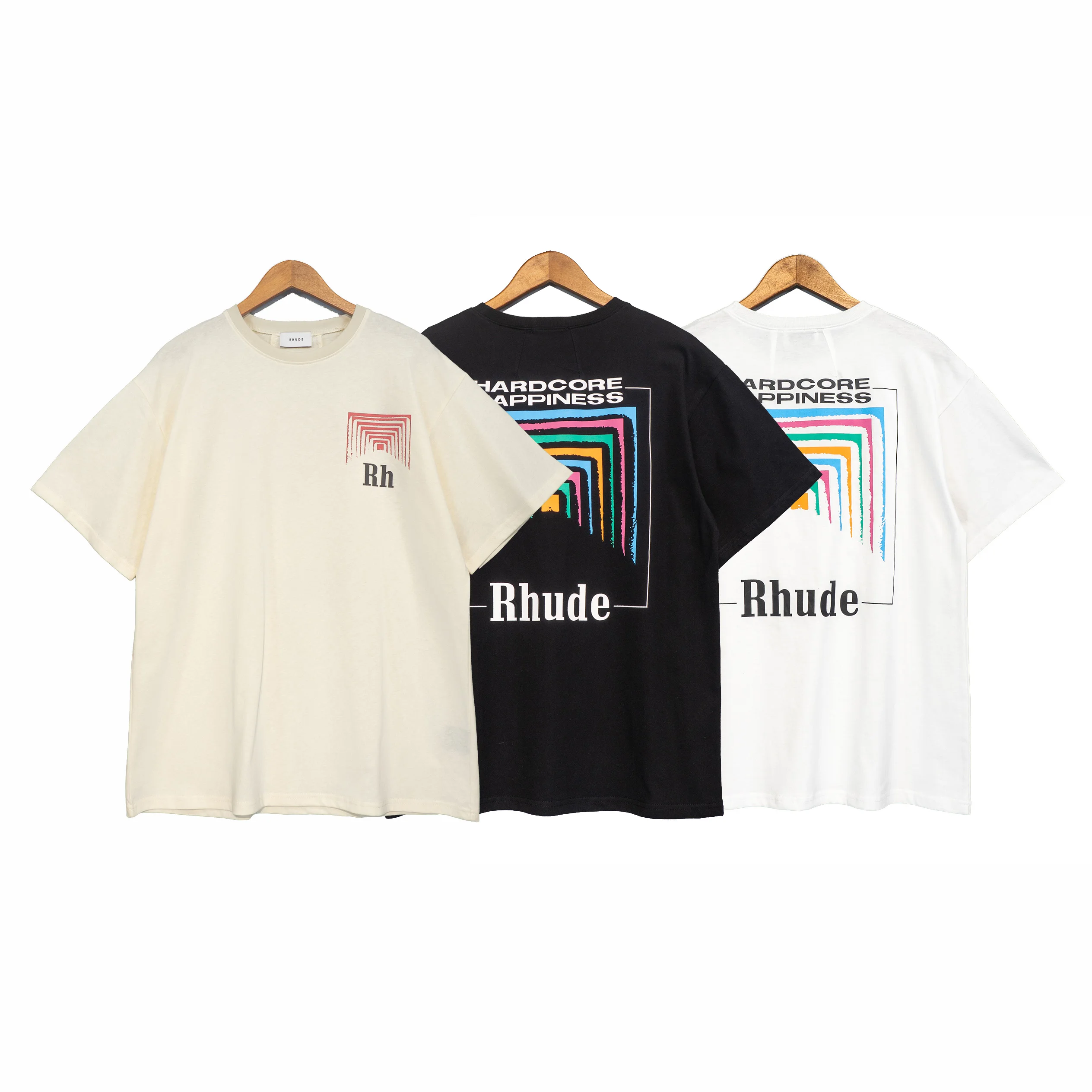 

2022 Summer New Rhude Short-Sleeved T-shirt Cigarette Box Square Abstract Color Tunnel Printing Loose Casual T-shirt