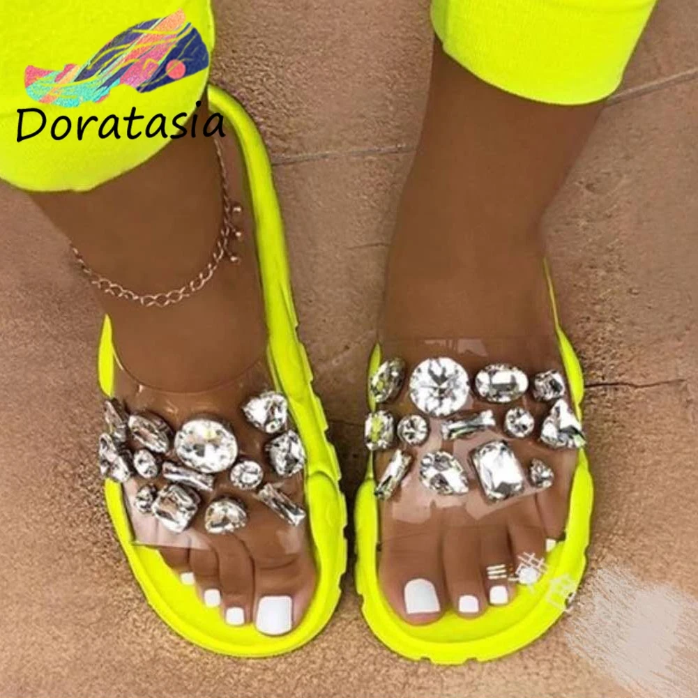

DORATASIA Ins Fashion Women Open Toe Rhinestone Slip On Beach Shoes Crystal Slippers Women Open Toe Summer Slippers