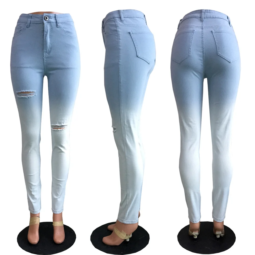 

Women Sexy High Waist Jeans Spring Woman Casual Blue White Gradient Color Ripped Hole Denim Pants Mini Skinny Pencil Pants
