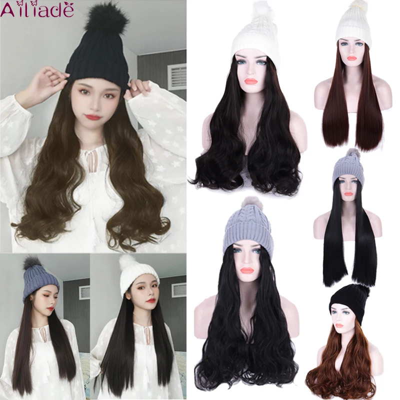 AILIADE шапка бини с прикрепленными волосами синтетический длинный волнистый парик