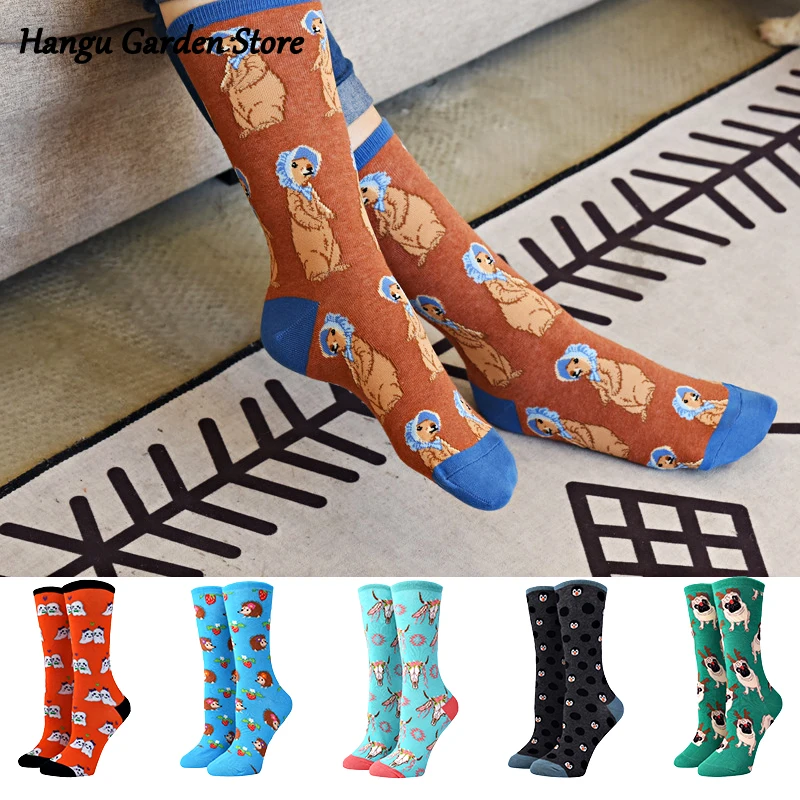 

Funny Cotton Socks Women Tube Happy Women Sock Tide Cotton Long Snacks Animal leather Dog Hedgehog Socks High Tube Socks
