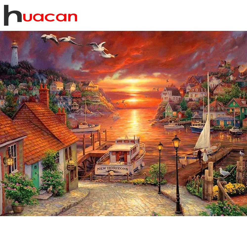 huacan new diamond painting full squareround landscape 5d diy diamonds embroidery house kits decorations home free global shipping