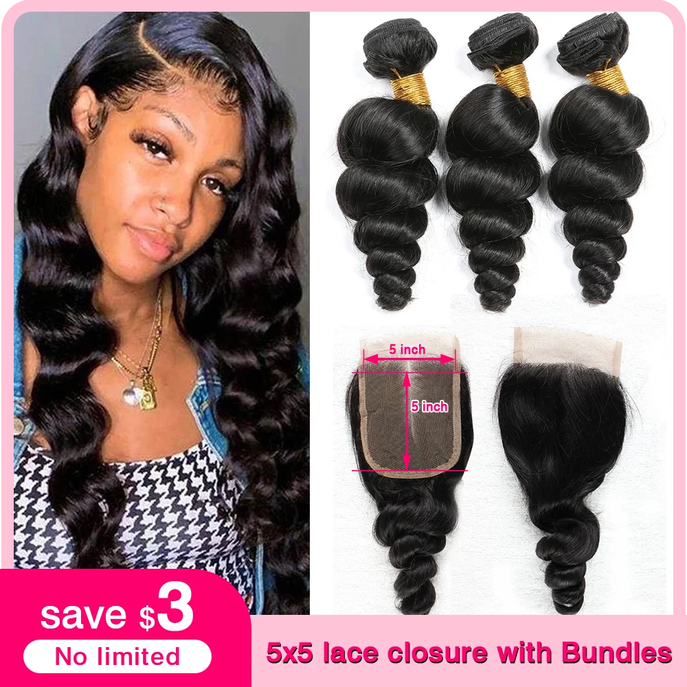 

Wonder Beauty Loose Wave Hair Weave 3 Bundles With 5x5 Closure Natural black Human Hair Bundles With 4X4 Closure WithBaby Hair