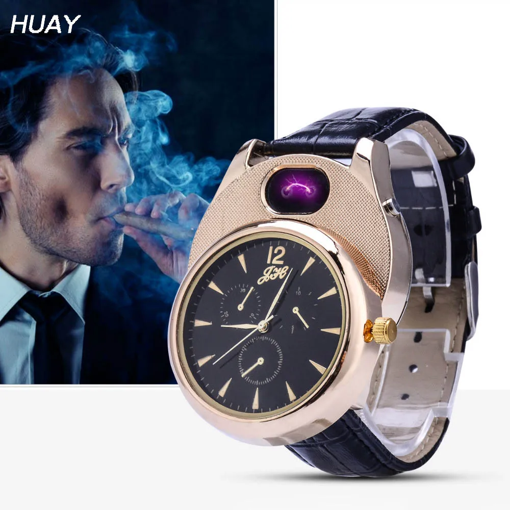 

Cigarette Lighter Watch Men USB Rechargeable Casual Quartz Wristband Camp Fire Fashion Flameless Lighter Male Clock JH338