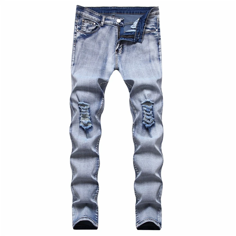 

Джинсы мужские зауженные стрейчевые, повседневные рваные джинсы со средней талией, прямые брюки из денима, однотонные, Осень-зима