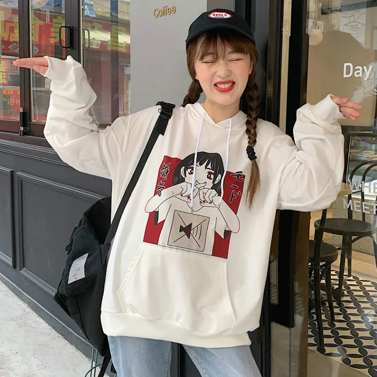 Ulzzang, японский принт с героями мультфильмов, Женская толстовка с капюшоном, новинка зимы, Harajuku, свободная, плюс бархат, толстая, Повседневная Женская толстовка