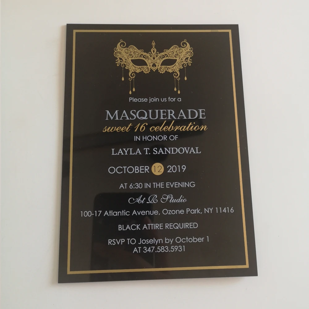 10pc/lot High quality UV Printing Eco-Friendly inks Screen Gold Foil Mask Black Acrylic Card Wedding Invitation | Дом и сад