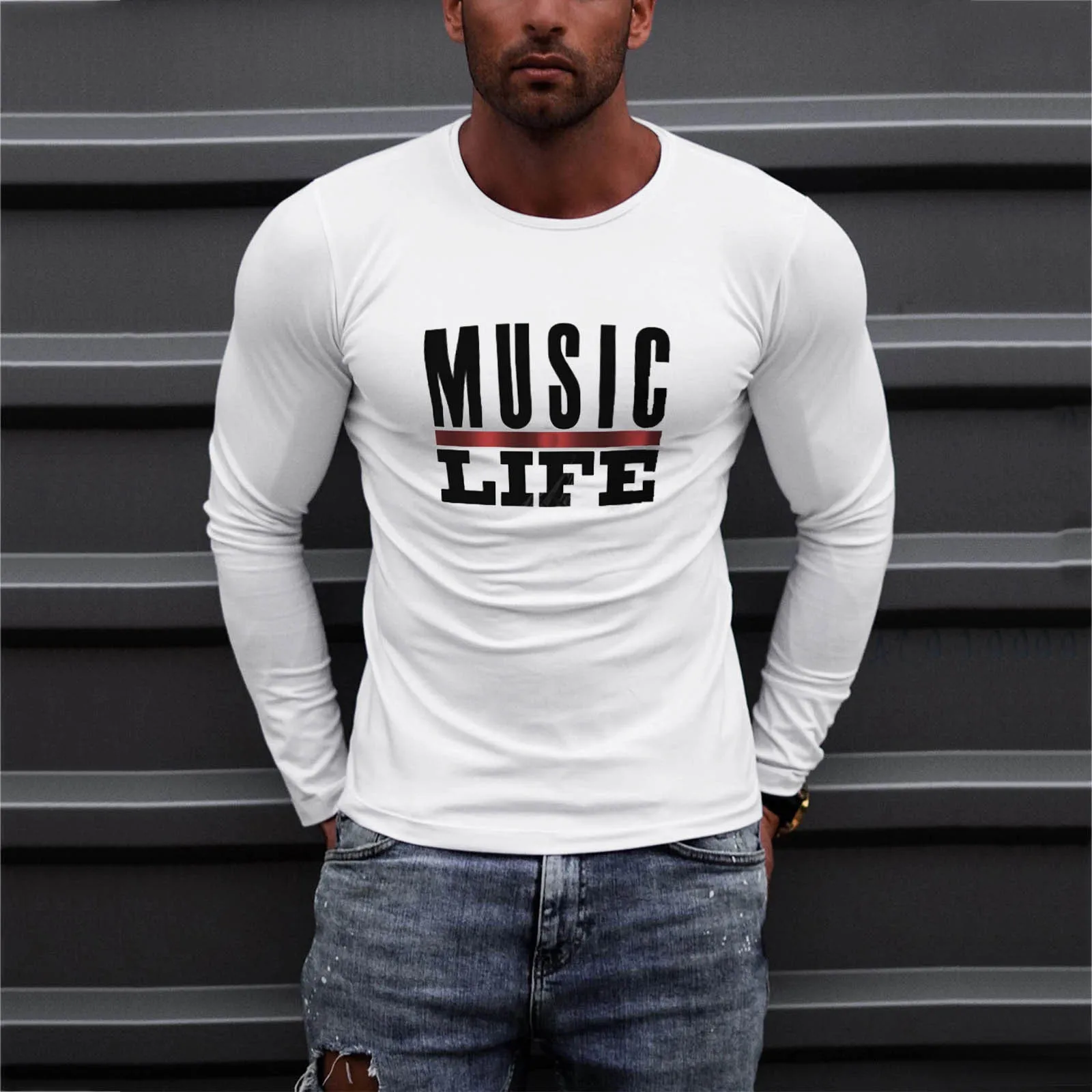 

Hot 2021 Men's Shirts Long Sleeve Slim Bodybuilding Casual Cotton Shirt O Neck Letter Printed T-Shirt Top Blouse High Quality