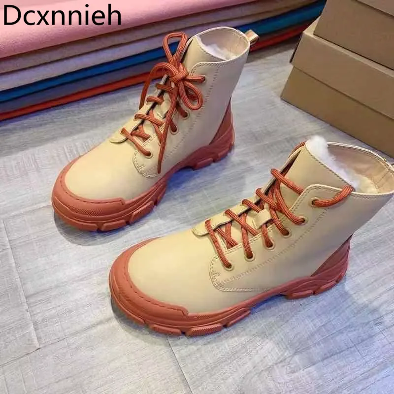 

Winter Thick Sole Runway Ankle Boots Women Lace Up Genuine Leather Round Toe Wool Lining Chelsea Boots Woman Knight Boots Woman
