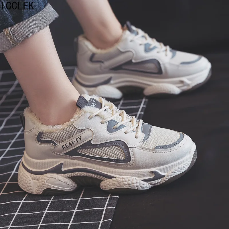 

Winter Warm Plush Women Sneakers Walking Shoes New Lace Up Platform Teens Winter Sneakers Running Sport Black Beige Ladies Shoes