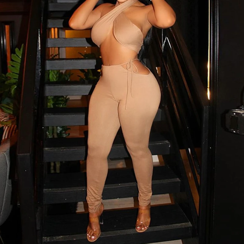 

BKLD Y2K Lace Up Halter Camisoles And High Waist Bandage Trousers Sexy Fashion 2021 Newest Streetwear Club Outfits Two Piece Set