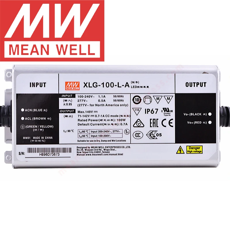Бренд Mean Well представляет XLG-100-L-A IP67 металлический чехол улица/небоскреб/прожектор освещение meanwell 700-1050mA/71-142V/100W Светодиодный драйвер
