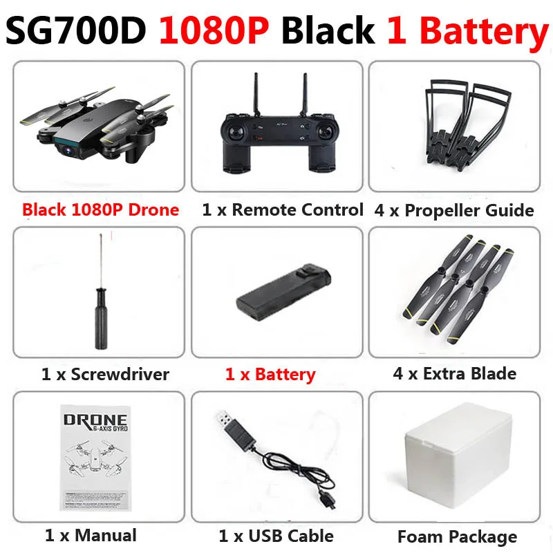 Black 1080P 1b Foam SG700-D WiFi FPV RC Дрон с двойной камерой 1080P 720P 4K селфи Профессиональный складной оптический поток Квадрокоптер вертолет - Цвет: Black 1080P 1b Foam