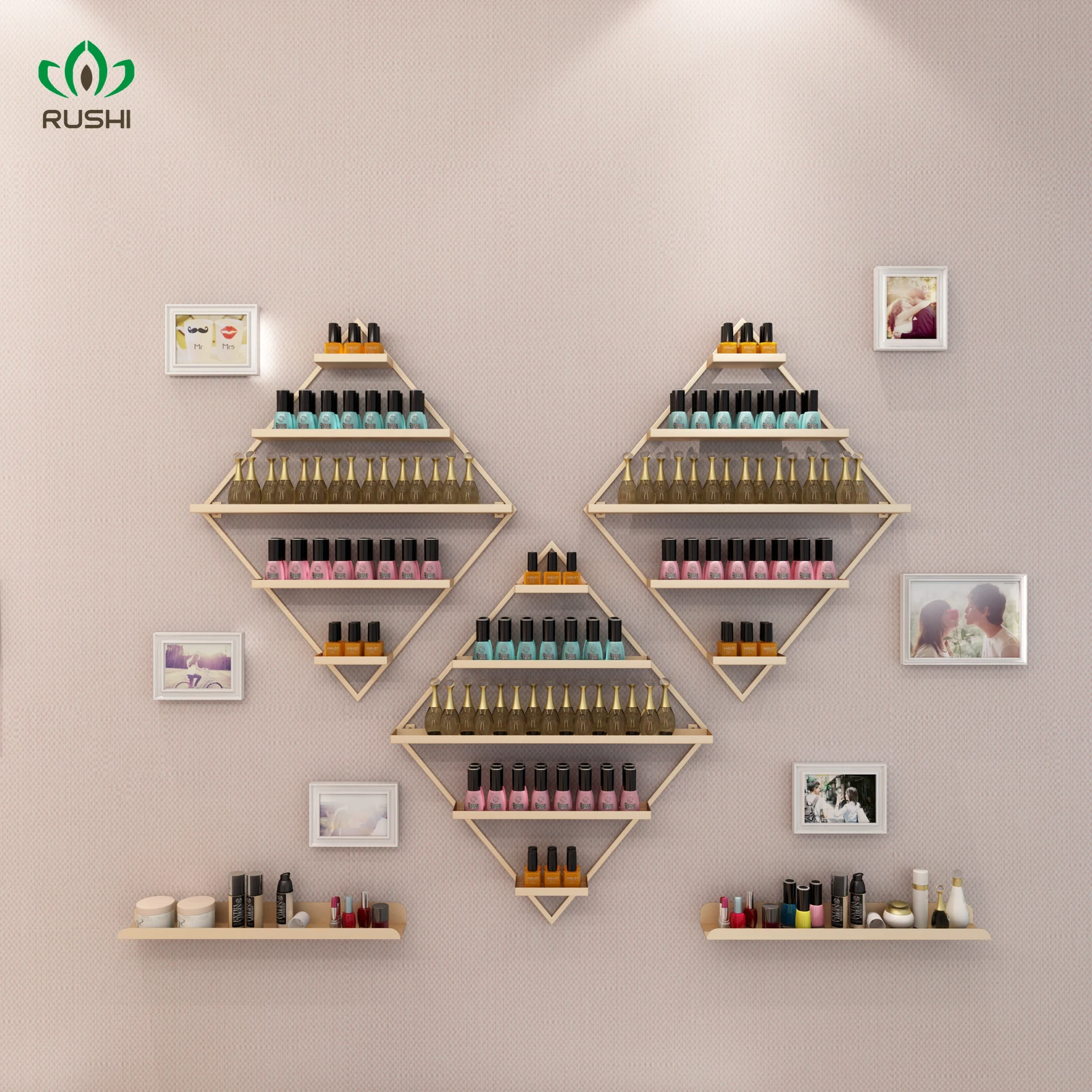 Diamond Shape Nordic Golden Nail polish shelf Set Shop Display Stand Wall Hanging Cosmetics Shelf Polish Rack | Дом и сад