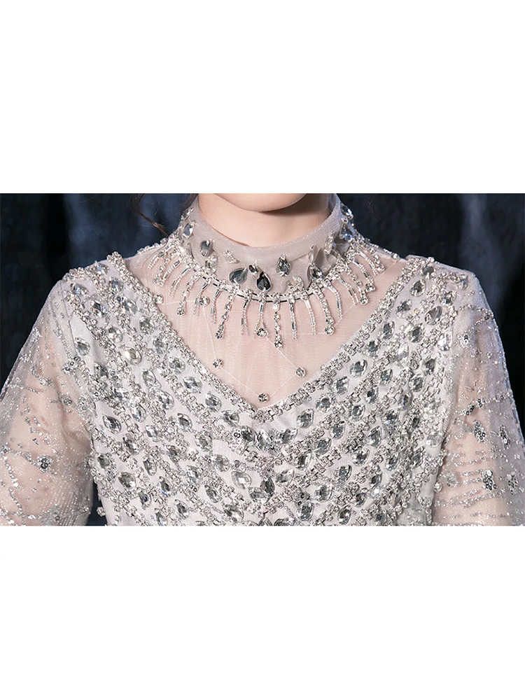 

Fashion Trailing Flower Girl Dress Sequin Beading Tulle Party Ball Gowns Three Quarter Sleeve Half Turtle Collar Princess Dress
