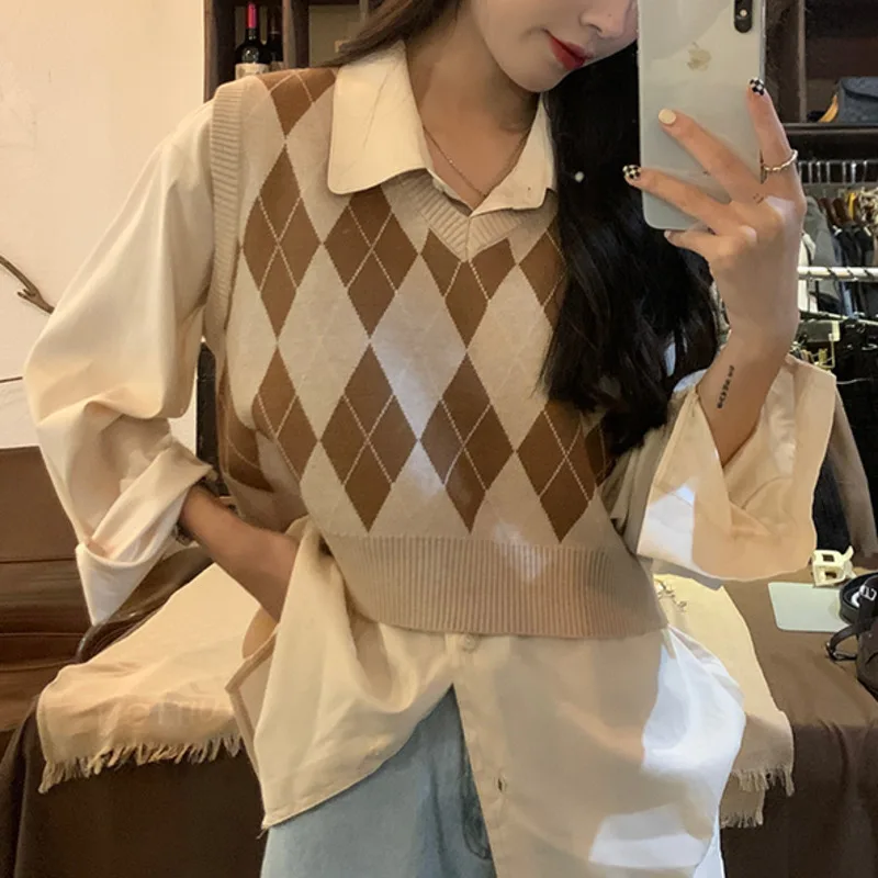 

Женский короткий свитер, Свободный пуловер в Корейском стиле с V-образным вырезом и ромбовидным узором, весна-осень 2021