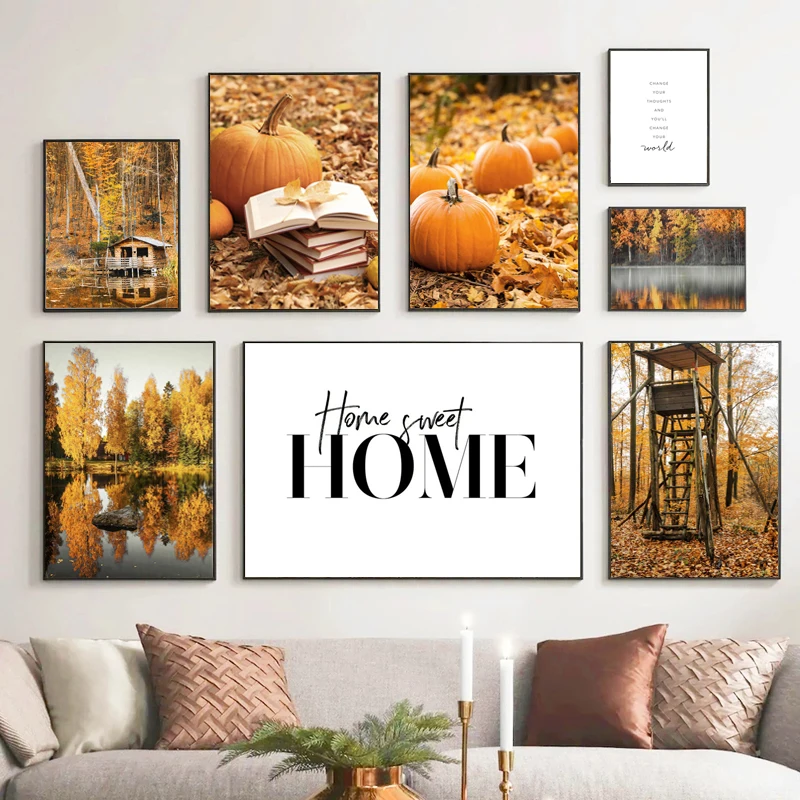 

Autumn Forest Beauty Cabin Pumpkin Squirrel Nordic Art Poster Print Painting Modern Home Living Room Decorative Wall Painting
