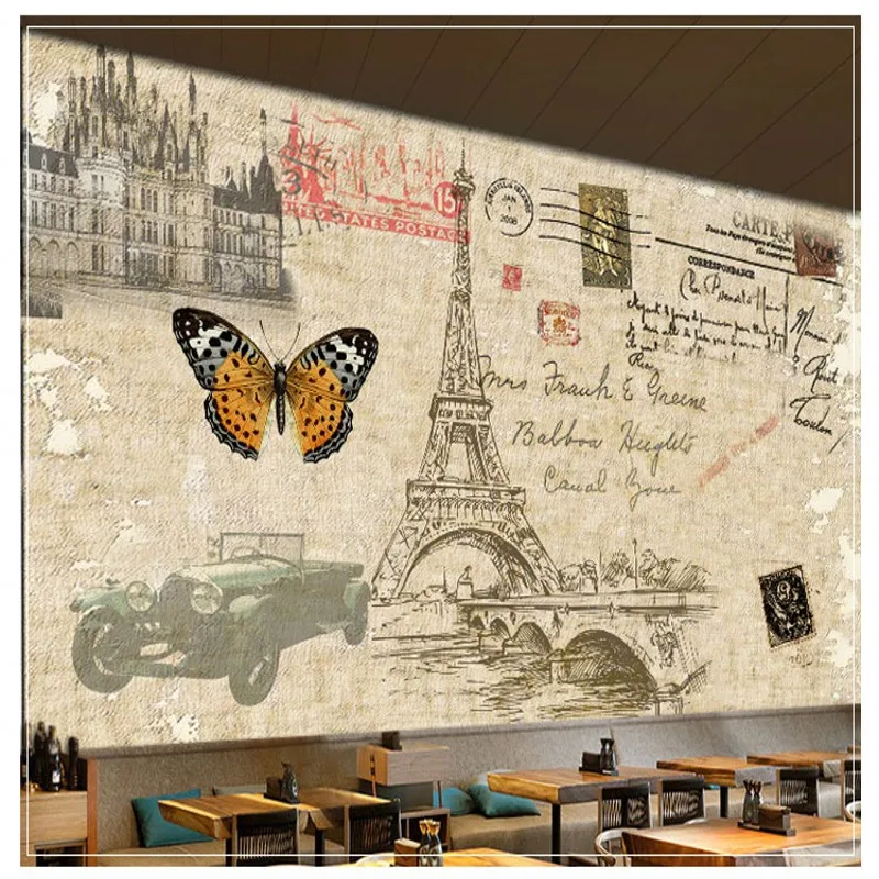 Drop Shipping photo Wallpaper Retro Nostalgic Cafe Wall Hot Pot Shop Mural Personality Paris Tower Classic Car | Обустройство дома