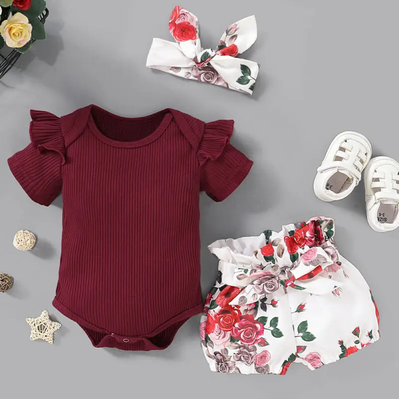 

Pudcoco Newborn Baby Girl Clothes Solid Color Knitted Cotton Romper Tops Flower Print Short Pants Headband 3Pcs Outfits Clothes