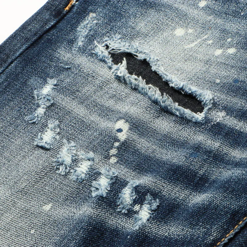 European Street Fashion Men Jeans High Quality Retro Blue Slim Fit Ripped Jeans Men Painted Designer Hip Hop Denim Punk Pants