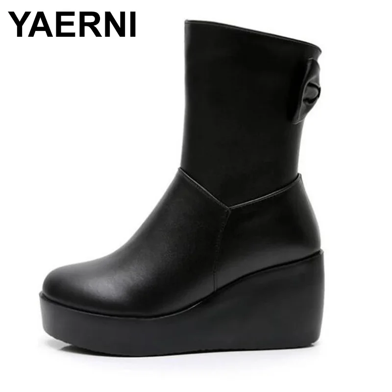 

YAERNI New Bow Fashion Autumn Thick-soled Platform Shoes Wedges High Heel Boots Women Boots Real Leather Shoes Winter Warm Snow