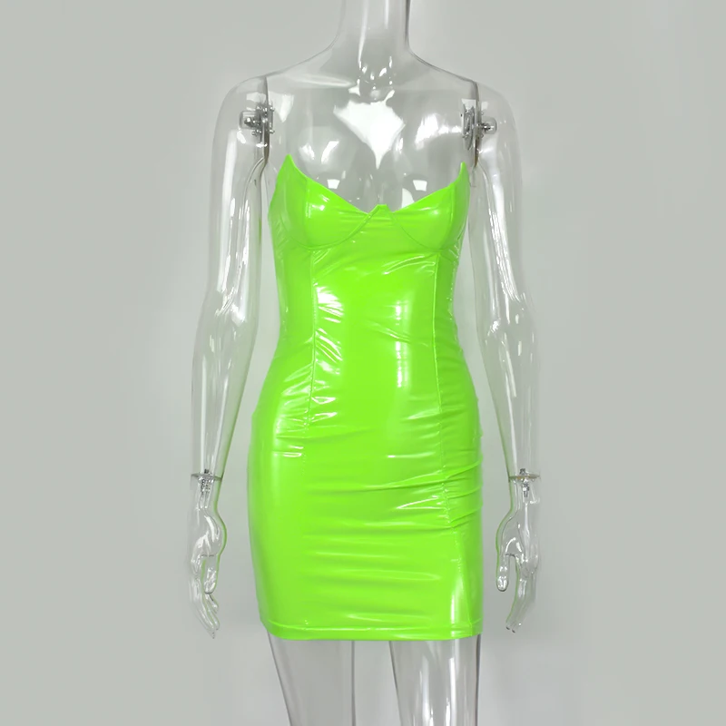 Colysmo PU Leather Party Dress Women Neon Pink Backless Club Sexy Transparent Straps Padded Low Cut Mini Dresses Vestidos | Женская