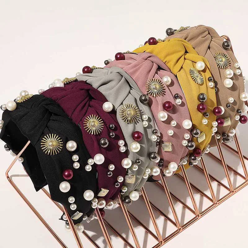 

1 Pc Women Hair Accessories Luxury Pearl Cross Knot Hair Bands for Women Girls Wide Vintage Fabric Turban Hair Accessories