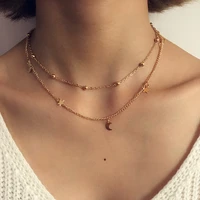 2020 new trendy moon star shape sequin necklaces for women retro double layer clavicle chain female jewelry accessories