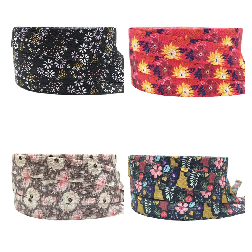 

10 Yard 5/8" 16mm Flower Floral Print FOE Fold Over Elastic Spandex Band Hair Tie Dress Sewing Trim