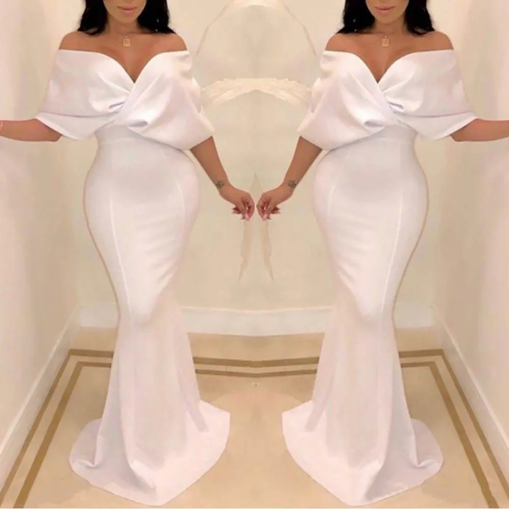 

Custom new white satin off-the-shoulder mermaid evening dress sleeveless dress formal ball evening dress