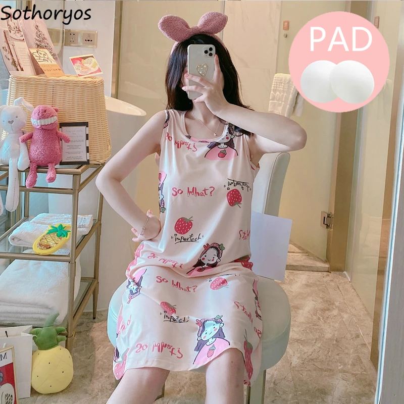 

Nightgowns Women Lovely Summer Sleeveless Pad Student Printed Sleepshirts Cool and Refreshing Loose Trendy Korean Style Stylish