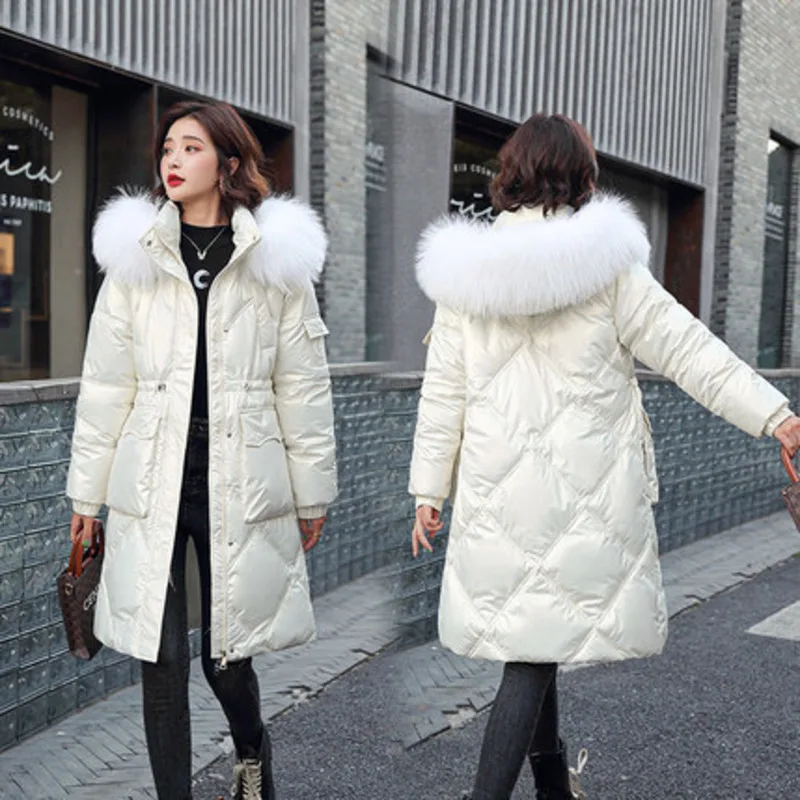 

Winter Women's Cotton Long Parka Coat Casual Jacket Slim Bright Fabric Hood Thick Warm Outdoor Fashion 2021 Temperament Commute