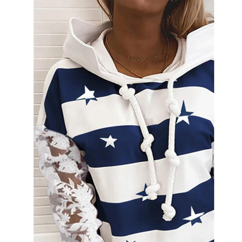 

Striped Print Hoodies Women Autumn Winter Casual Lace Patchwork Long Sleeve Drawstring Loose Hooded Sweatshirt Lady Pullover Top