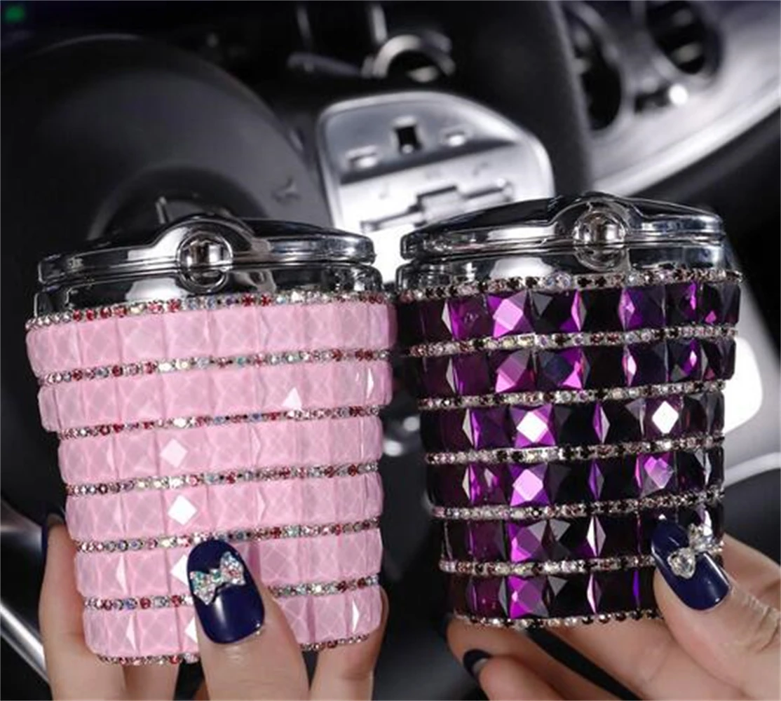 

Rhinestones Portable Car Ashtray With Light Crystal Diamond Led Car Ash Tray Ashtray Storage Cup Holder Black For Girls Woman