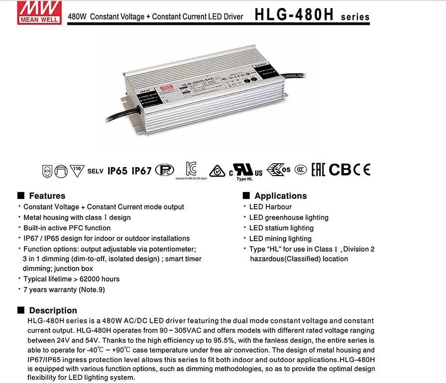 40 шт./упак. Dimmable Meanwell 480 Вт Светодиодный драйвер HLG-480H-48B 10А постоянный ток водонепроницаемый источник питания
