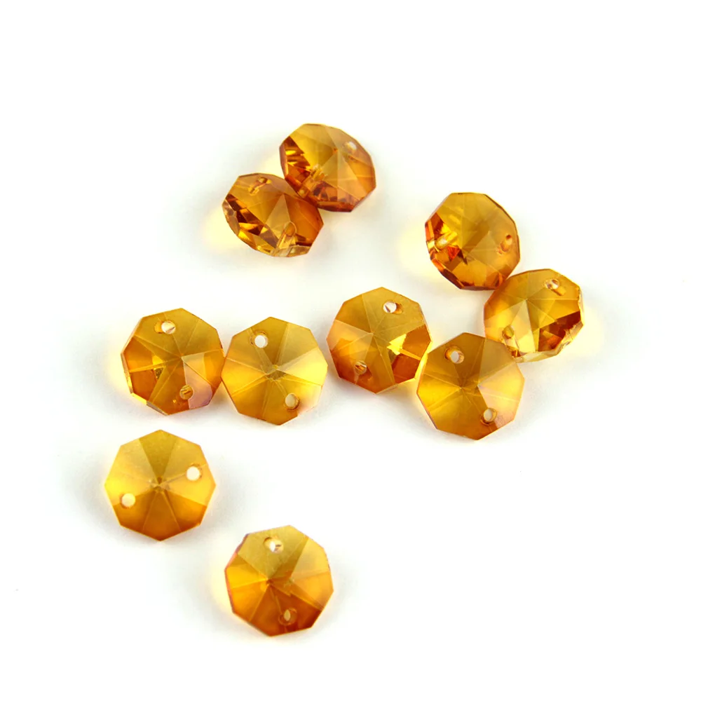 

14mm Amber 1 Hole/2 Holes Crystal Glass Prisms Octagon Beads Lamp Glass Chandelier Parts For Pendant Decoration