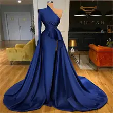 2022 Charming Evening Dresses One Shoulder Long Sleeve Dark navy Blue Lady Occasion Gowns Sweep Train Split Satin Prom платье (4)